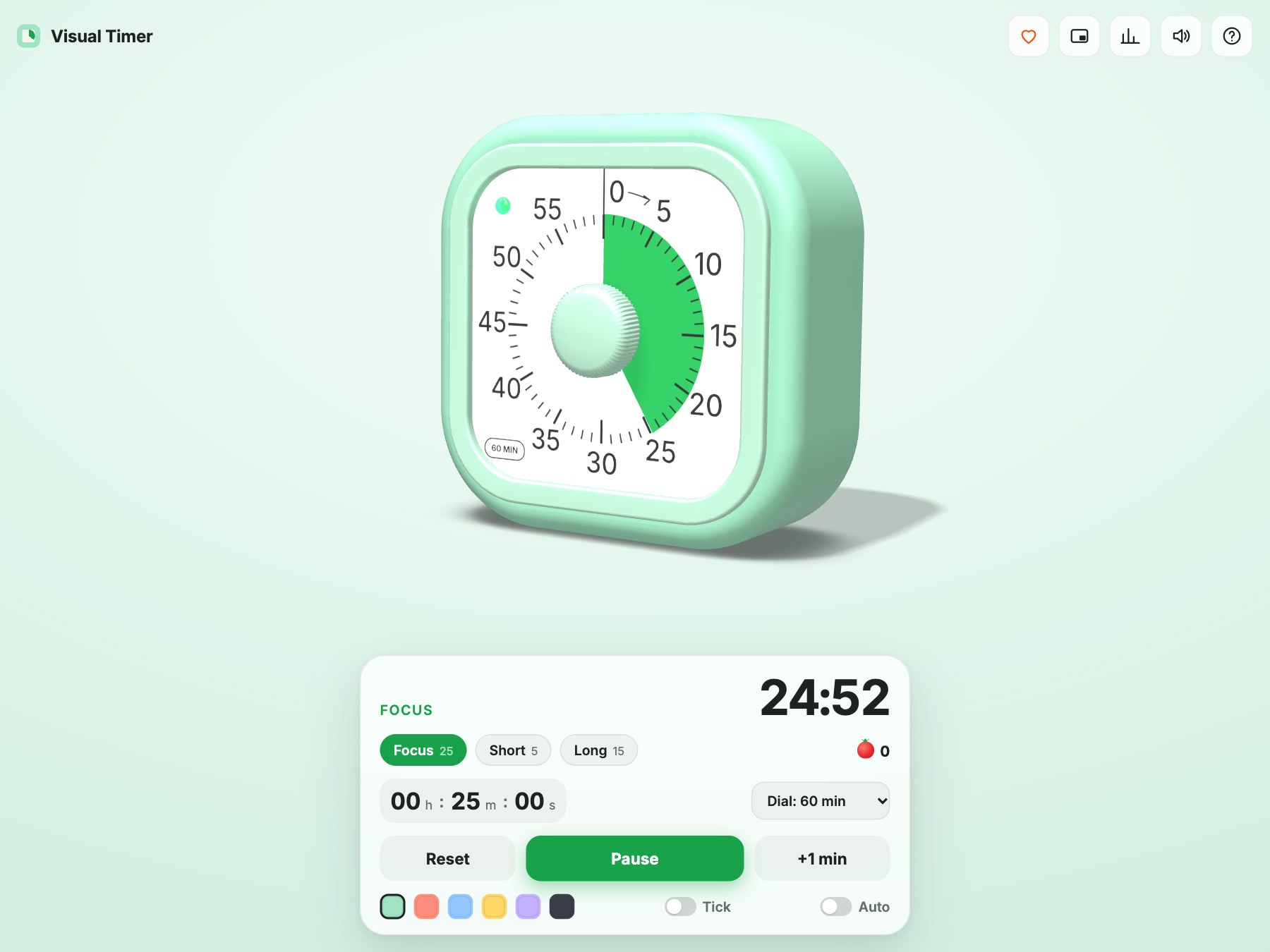 Visual Timer in the browser: a mint-green 3D disc timer with a green wedge covering 25 minutes, and a panel below reading FOCUS 24:52, with Focus 25, Short 5 and Long 15 presets and Reset, Pause and +1 min buttons.