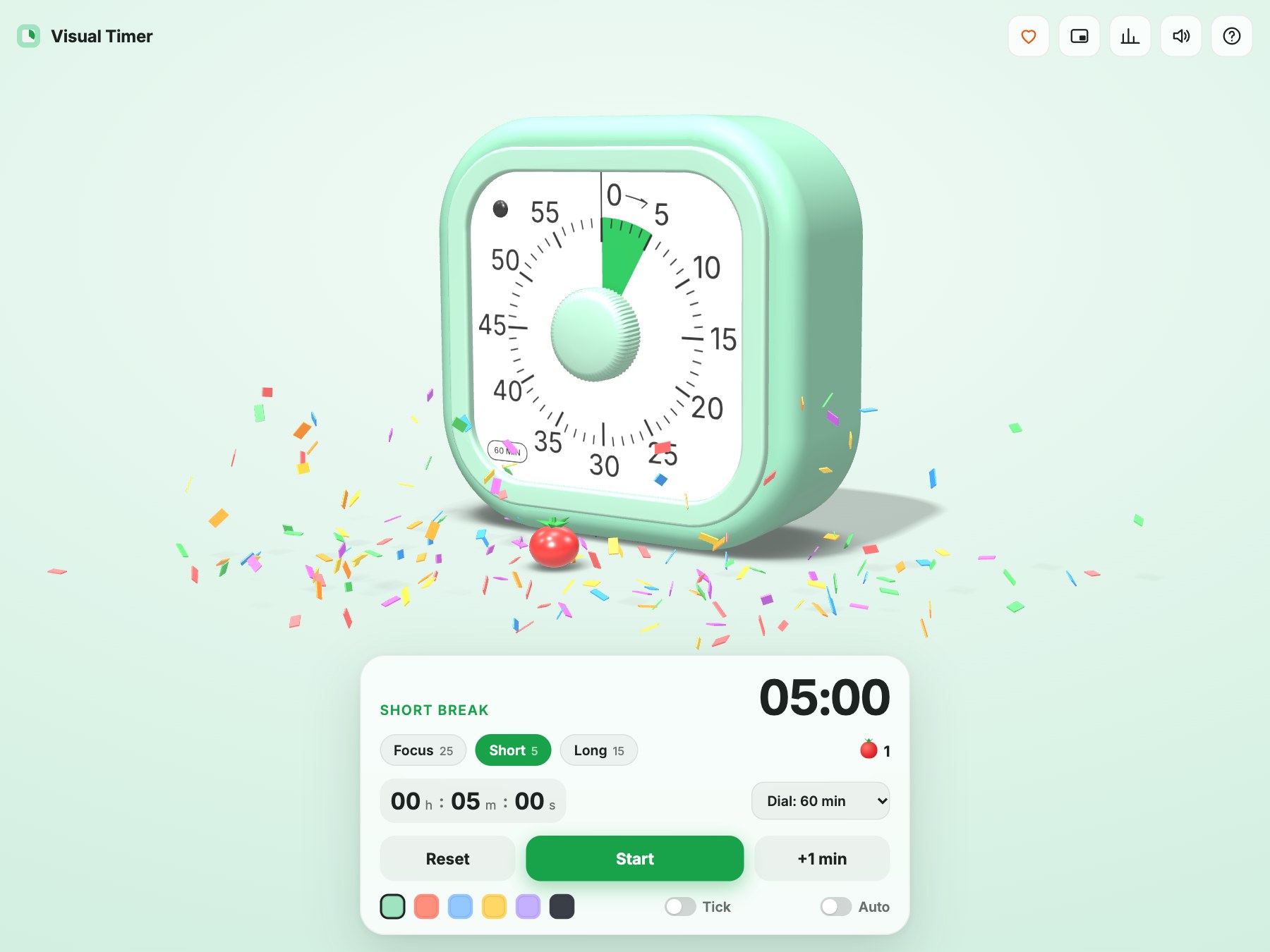 The same timer just after a focus session ended: confetti lies scattered on the desk, a tomato sits in front of the timer, and the panel has switched to SHORT BREAK 05:00 with one tomato counted.